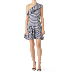 Halston Heritage One Shoulder Striped Ruffle Cotton Blend Mini Dress Grey 4